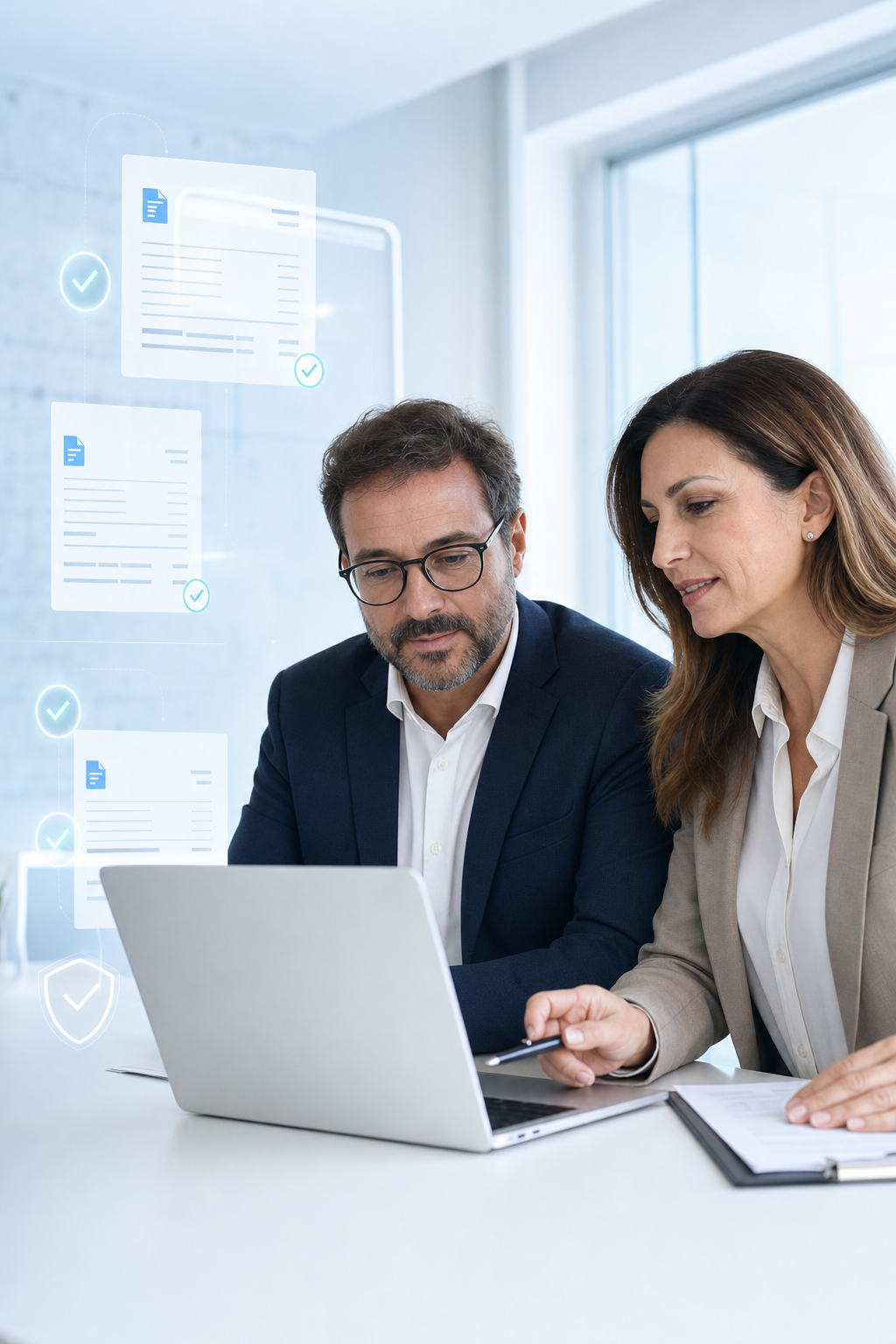 Business owner and accountant reviewing e-invoicing compliance on a laptop
